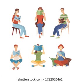 People reading books while sitting. Happy young men and women holding books characters in flat cartoon style. Students studying. Isolated vector illustrations. Set of literary fans.