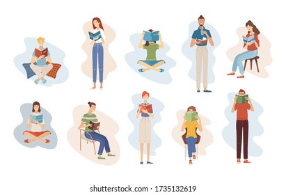 People reading books while sitting or standing. Happy young men and women holding books. Students studying. Isolated vector illustration. Literary fans and book lovers in flat cartoon style