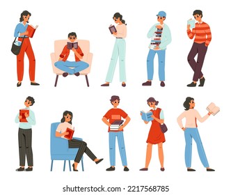 People reading books, young readers characters. Teens holding book, library or bookstore person. Youthful snugly entertainment, students study vector set