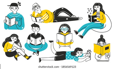 People reading books. Young women and men in cozy poses enjoying hobby. Hand drawn students learning. Cartoon sketch book readers vector set. Woman person with book, literature reading illustration