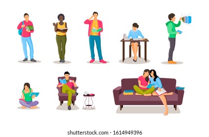 People reading in bookshop, library set. African europeans man, woman studying together reading book, communicate, prepare for the examination, for presentation, resting with book cartoon vector