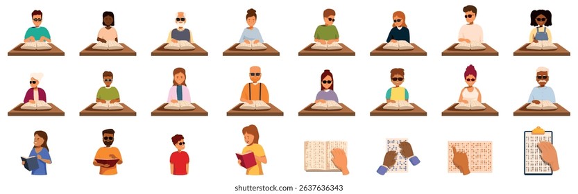 People reading braille book icons set. Individuals reading braille books at desks in various settings