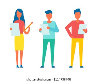 People reading and checking publications, educated workers correct articles written on paper, woman holding big pencil isolated on vector illustration