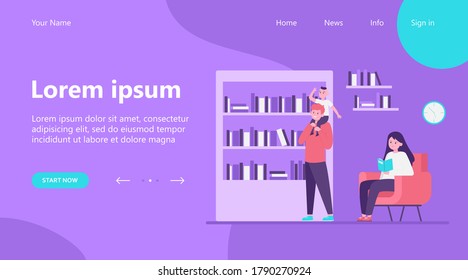 People reading and choosing books. Shelf, kid, family flat vector illustration. Hobby and home library concept for banner, website design or landing web page