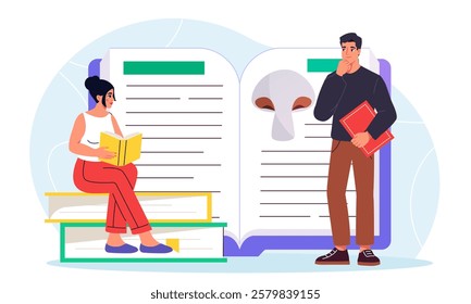 People reading concept. Man and woman near huge book. Love of reading and literature. Education, learning and training. Students with fiction or textbook. Flat vector illustration