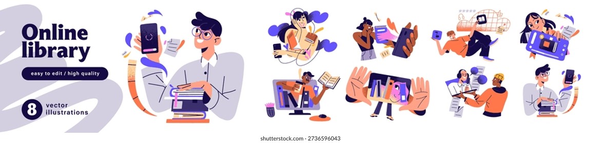 People are reading digital books set. Men and women listen to audiobooks, enjoy ebooks, download stories, fictions to mobile phones. Online library concept. Flat isolated vector illustrations on white