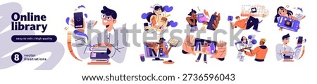 People are reading digital books set. Men and women listen to audiobooks, enjoy ebooks, download stories, fictions to mobile phones. Online library concept. Flat isolated vector illustrations on white