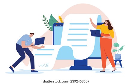 Personas leyendo documentos de negocios digitales - Hombre y mujer con laptops trabajando, escribiendo e imprimiendo archivo de texto largo desde la pantalla del ordenador. Ilustración vectorial de diseño plano en diseño plano