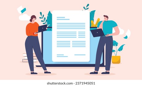 People reading digital text document - Two characters with laptop computer working and looking at abstract text on paper coming out of laptop screen. Flat design vector illustration