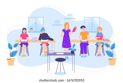People reading and education concept with tiny women men, students and teacher with textbooks in class vector illustration. Reading books education concept.