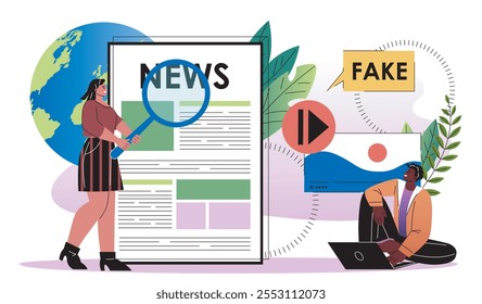 People reading fake news. Man and woman with magnifying glass reading article. Disinformation, lies and propaganda. Bad mass media and journalism. Flat vector illustration isolated on white background