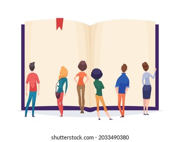 People are reading a giant book. Crowd stand in front blank books sheets. Info or FAQ vector concept