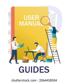 People reading guidebook, writing guidance, advices, instruction manual, flat vector illustration. User guide, user manual concept.