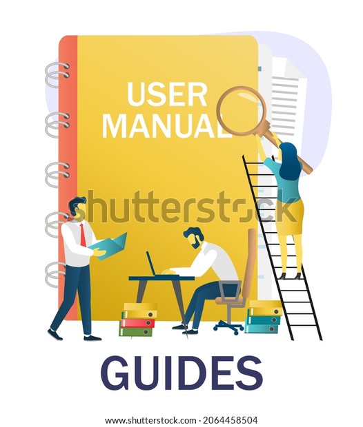 People reading guidebook, writing guidance,\
advices, instruction manual, flat vector illustration. User guide,\
user manual concept.