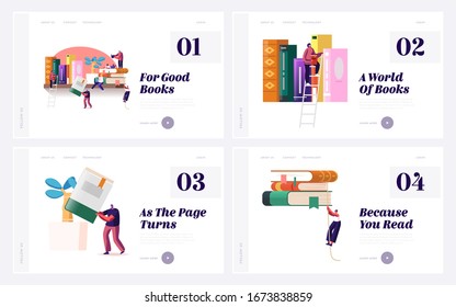 People Reading Hobby, Gaining Knowledge Landing Page Template Set. Tiny Characters on Huge Book Shelf, Students Spend Time in Athenaeum or Archive Room with Bookcase. Cartoon Vector Illustration