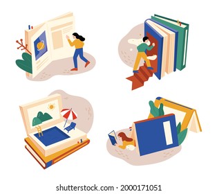 People Reading A Huge Book Open. There Are Many Different Worlds In The Book. Flat Design Style Minimal Vector Illustration.