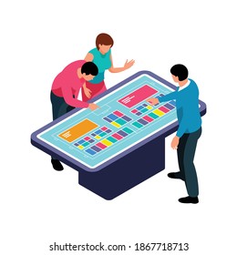 People reading info on big interactive panel in mall 3d isometric vector illustration