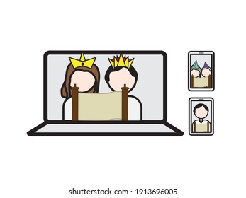 People reading the Megillah online, Online Purim party, characters on laptop and mobile phones with Megillat Esther (Translation - book of Esther)