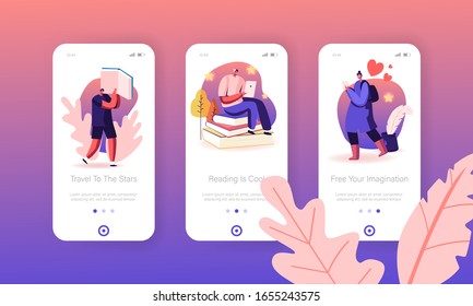 People Reading Mobile App Page Onboard Screen Set. Young Readers Characters Read Paper Books and Use App for Smartphone and Tablet Concept for Website or Web Page. Cartoon Flat Vector Illustration