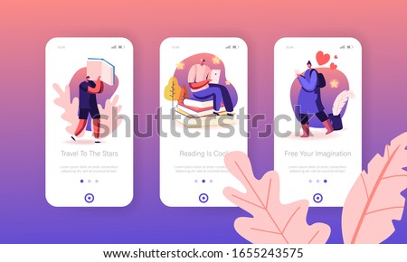 People Reading Mobile App Page Onboard Screen Set. Young Readers Characters Read Paper Books and Use App for Smartphone and Tablet Concept for Website or Web Page. Cartoon Flat Vector Illustration