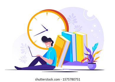 People reading near big clock and books vector illustration, Time to study, enjoying good book, learning, Education, learning. Knowledge sign, deadline, reminder, alarm clock, schedule.	
People readin