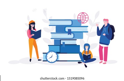 People reading near clock and books vector illustration, Time to study, enjoying good book, learning, Education, learning. Knowledge sign, deadline, reminder, alarm clock, schedule.