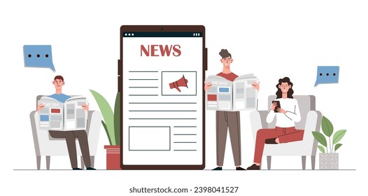 People reading news concept. Man and women with newspaper ans digital tablet. Information and knowledge. Propaganda and fake. Cartoon flat vector illustration isolated on white background