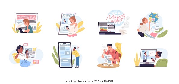 People reading news. Man read new newspapers, smartphone internet website, media web information in laptop computer or watching online television concept vector illustration of man read information