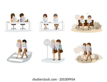 People Reading A Newspaper Set - Isolated On White Background - Vector Illustration, Graphic Design Editable For Your Design