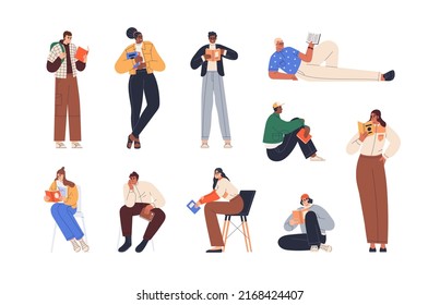 People reading paper books set. Young men and women readers with literature for study and hobby. Happy diverse smart students, literary fans. Flat vector illustrations isolated on white background