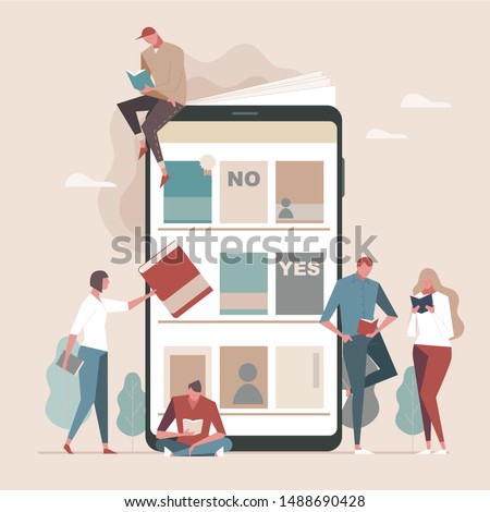 People reading pick book from mobile bookshelf. flat design style minimal vector illustration.