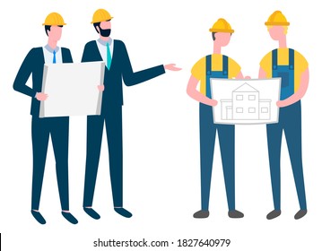 People reading plans and schemes of building vector, isolated team of workers. Businessman wearing formal clothes and workmen with helmets flat style