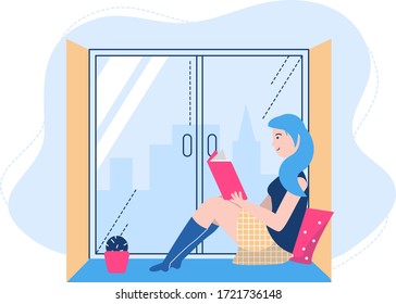 People reading poses vector illustration. Cartoon flat woman student character sitting by window, studying and preparing for examination. Literature lover, fan books, home schooling isolated on white