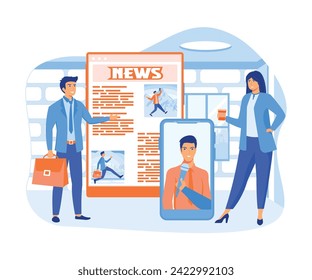  People reading print newspaper, using online news portal or website to know the latest news across the globe. flat vector modern illustration 