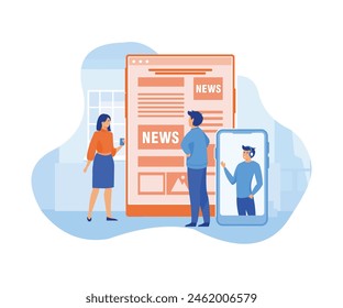 Personas de lectura de diarios impresos, utilizando el portal de noticias en línea o el Sitio web para conocer las últimas noticias en todo el mundo. Vector plano ilustración moderna 