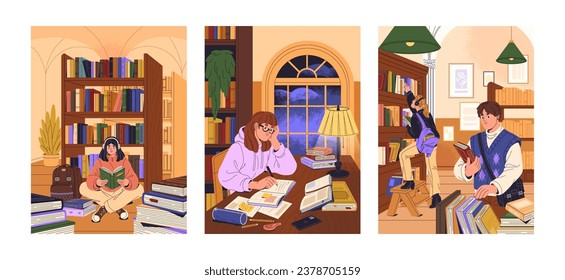 People reading in public library set. Student sitting, study between book pile, girl do homework, pupils search, choose learning literature in bookcase, bookshelves. Education flat vector illustration