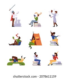 People reading. Rest lazy time with paper books smart people at home or in library reading books garish vector concept picture of hobby or lifestyle