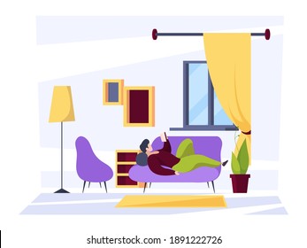 People reading in room. Characters relaxing and reading in home interior daily activities garish vector background