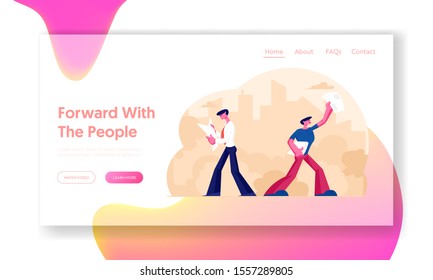 People Reading and Selling Newspapers Website Landing Page. Businessman Read News while Walking at Work. Salesman Offering Publication on Street Web Page Banner. Cartoon Flat Vector Illustration