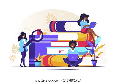 People reading or students studying, book lovers, readers, Vector illustration for web banner, print, infographics, mobile website. Landing page template. Students preparing for examination

