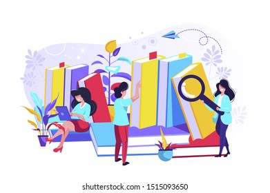 People reading or students studying, book lovers, readers, Vector illustration for web banner, print, infographics, mobile website. Landing page template. Students preparing for examination