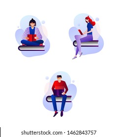 people reading or students studying and preparing for examination. Set of book lovers, readers, modern literature fans isolated on white background. Flat cartoon isometric 3d vector illustration.