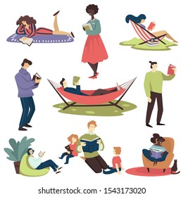People Reading Or Students Studying And Preparing For Examination, Isolated Characters Vector. Book Lovers Or Readers, Father With Children. Girl On Floor Or In Reclining Chair, Guy In Hammock