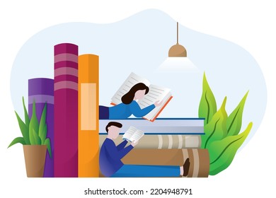 people reading or students studying and preparing for examination. Flat cartoon vector illustration.