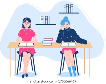 People reading at table vector illustration. Cartoon flat woman student characters sitting, studying and preparing for examination. Literature lover, fan books, home schooling isolated on white