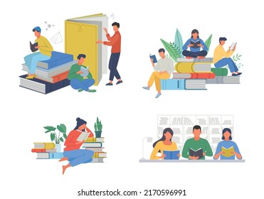 people reading. teens education processes literature fans and book lovers. Vector cartoon characters reading