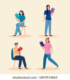 personas leyendo libros de texto caracteres diseño de ilustraciones vectoriales