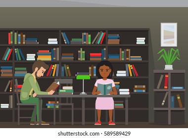 People reading textbooks in library interior with bookshelves. Man and woman seating at the table with open book in hand flat vector. Enthusiastic readers illustration for educational, hobby concepts