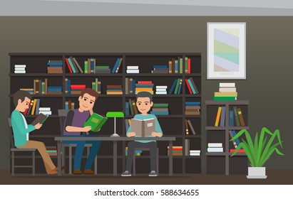 People reading textbooks in library. Male students seating with open books in hand in interior with bookshelves flat vector. Enthusiastic men readers illustration for educational and hobby concepts
