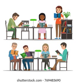 People reading textbooks in library. Man and woman seating at the table and standing with open book in hand isolated flat vectors. Enthusiastic readers illustration for educational and hobby concept